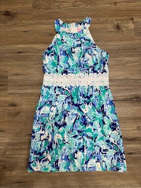 Lilly Pulitzer Aqua, Blue & White Floral Halter Dress with Lace Waist